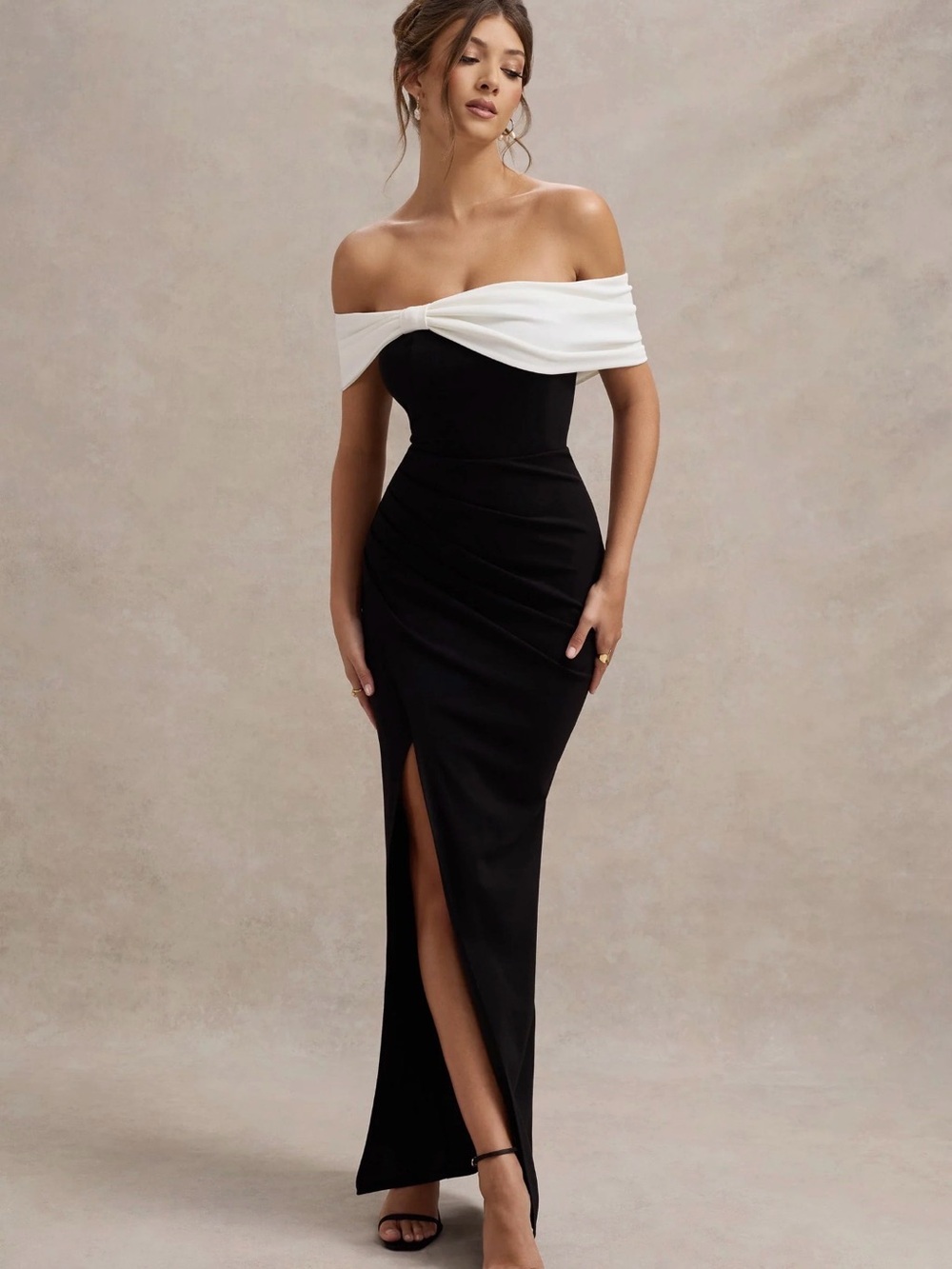 Club L London Black and White One-Shoulder Evening Gown